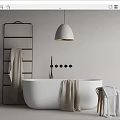 Minimalist Bathroom Interior With White Freestanding Bathtub Towel Rack Beige Towels And Pendant Light