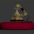 Vintage Gold And Red Telephone On Red Velvet Cushion With Gray Background