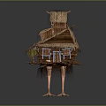 Unique Wooden House Featuring Thatch Roof Bird Like Legs Support And Wooden Details