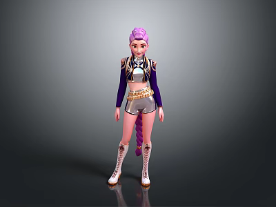 Stylish Woman with Purple Hair Wearing Purple Top Silver Shorts White Boots and Fringe Details 3d model