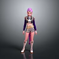 Stylish Woman with Purple Hair Wearing Purple Top Silver Shorts White Boots and Fringe Details