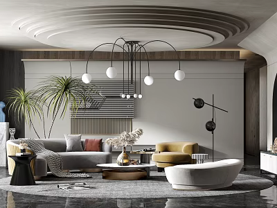 Modern Living Room Interior With Sofa Coffee Table Set Chandelier And Palm Plant 3d model