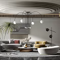 Modern Living Room Interior With Sofa Coffee Table Set Chandelier And Palm Plant