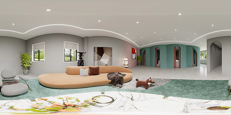 Modern Beauty Hair Salon Interior With Curved Design Comfortable Sofa Styling Mirrors And Equipment 3d model 