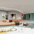 Modern Beauty Hair Salon Interior With Curved Design Comfortable Sofa Styling Mirrors And Equipment