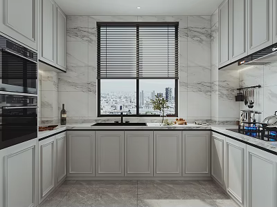 Modern White Kitchen Interior With Marble Countertops Cabinets Window City View And Appliances 3d model