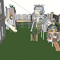Kids Playground With Pink And White Dome Structures Slides Climbing Nets Green Grass And Trees