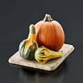 Fresh Pumpkins and Small Gourds on a Wooden Cutting Board White Background