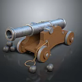 Vintage Old Cannon Weapon With Wooden Carriage Metal Barrel And Cannonballs
