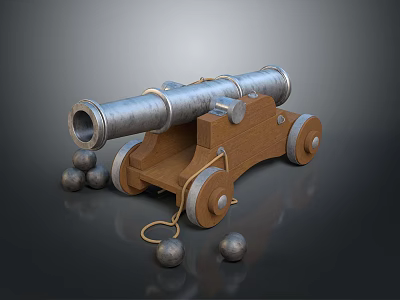 Vintage Old Cannon Weapon With Wooden Carriage Metal Barrel And Cannonballs 3d model