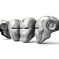 Five Silver Metal Helmets with Modern Design Arranged in a Row 3d model