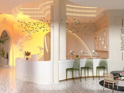 Elegant Beauty Hair Salon Interior Design With Reception Desk Green Chairs And Decorative Plants 3d model