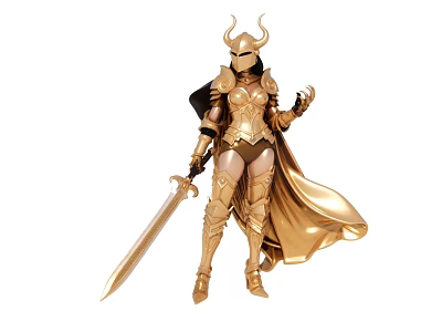 Mythical Warrior Game Character With Golden Armor Black Cape Horned Helmet And Long Sword 3d model