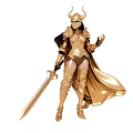 Mythical Warrior Game Character With Golden Armor Black Cape Horned Helmet And Long Sword