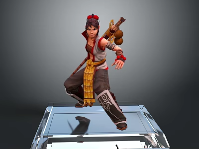 Game And Movie Character With Red Headpiece Carrying Gourd In Traditional Outfit On Transparent Platform 3d model