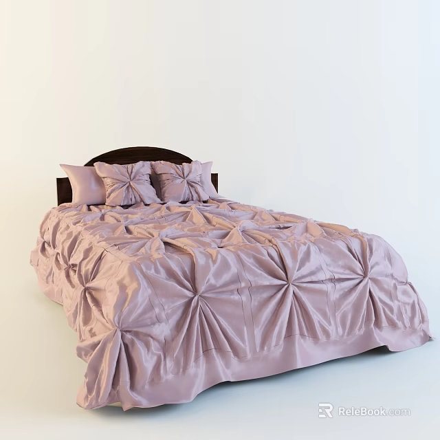 Elegant Double Bed With Dark Headboard Light Pink Pleated Comforter And Bow Pillows 3d model 