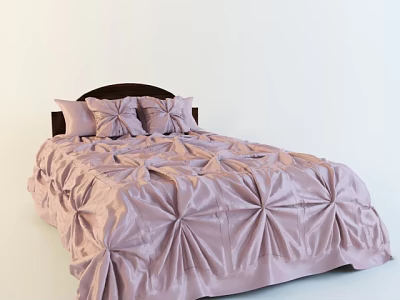 Elegant Double Bed With Dark Headboard Light Pink Pleated Comforter And Bow Pillows 3d model