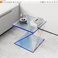 Modern Transparent Side Table with Blue Frame and Z shaped Layers Holding Books and Decorative Glass