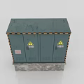 Industrial Green Double Door Electrical Distribution Box with Warning Signs Concrete Base Black Yellow Stripes
