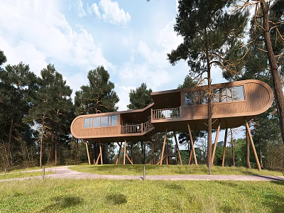 Modern Wooden House On Stilts Featuring Curved Design And Balcony Surrounded By Pine Trees 3d model
