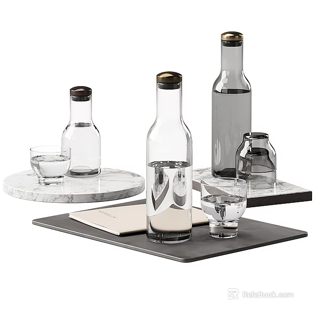 Wine Bottles And Glasses Arrangement On Marble And Black Trays 3d model 