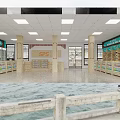 Modern Pharmacy Interior With SPS Sign Wooden Pillars Shelves Ceiling Lights And Glass Door