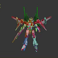 Red Robot Model With Mechanical Wings Weapon Silver Green And Blue Glowing Accents