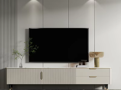 White Vertical Striped TV Stand With Black Television Small Potted Plant And Gold Table Lamp 3d model