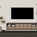 Modern Wooden TV Stand With Rattan Doors And TV Above Potted Plant And Wall Shelves