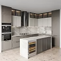 Modern Kitchen Interior With Gray Cabinets Marble Countertops Island And Wine Storage