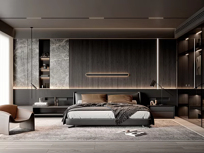 Modern Bedroom Interior With Dark Wooden Wall Bed Nightstands Armchair And Soft Lighting 3d model