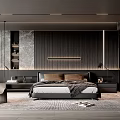 Modern Bedroom Interior With Dark Wooden Wall Bed Nightstands Armchair And Soft Lighting