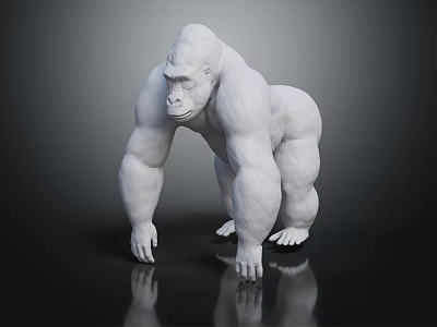 White Gorilla Sculpture in Crouching Pose on Dark Reflective Surface with Detailed Muscular Features 3d model