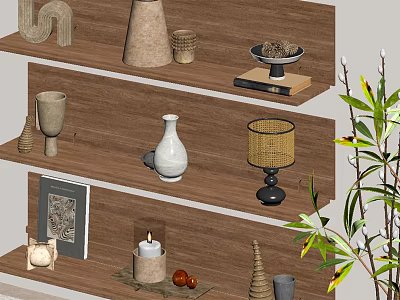 Stylish Decorative Ornament Collection On Wooden Shelves With Vase Candle Holder And Green Plant 3d model