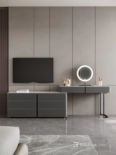 Modern Gray Dressing Table With Round Mirror And Cosmetics On Surface 3d model