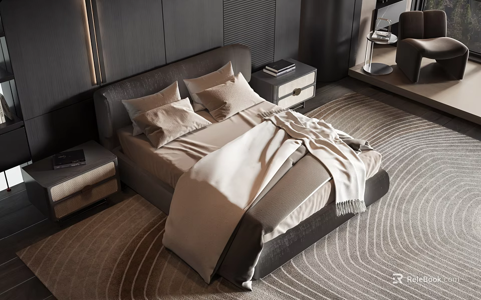 Modern Double Bed with Dark Headboard Beige Bedding and Nightstands on Wavy Pattern Rug 3d model 