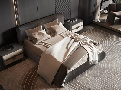 Modern Double Bed with Dark Headboard Beige Bedding and Nightstands on Wavy Pattern Rug 3d model