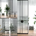 Modern Room Divider With Black Frame Vertical Striped Glass And Round Handle