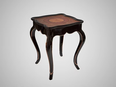 Dark Wooden Side Table With Square Inlaid Top And Curved Decorative Legs 3d model