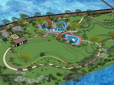 Commercial Landscape Design With Waterfront Area Winding Paths Green Spaces Pavilions And Water Features 3d model