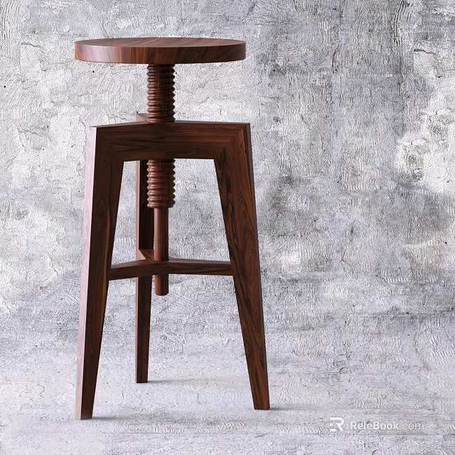 Wooden Bar Stool With Spiral Adjustment Rod Three Legged Structure Against Gray Textured Wall 3d model 