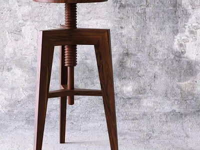 Wooden Bar Stool With Spiral Adjustment Rod Three Legged Structure Against Gray Textured Wall 3d model
