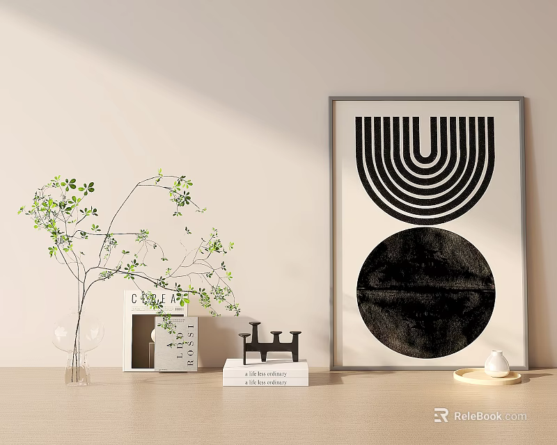 Minimalist Decorative Ornament Set with Glass Vase Green Plant Black White Geometric Print and Books 3d model 
