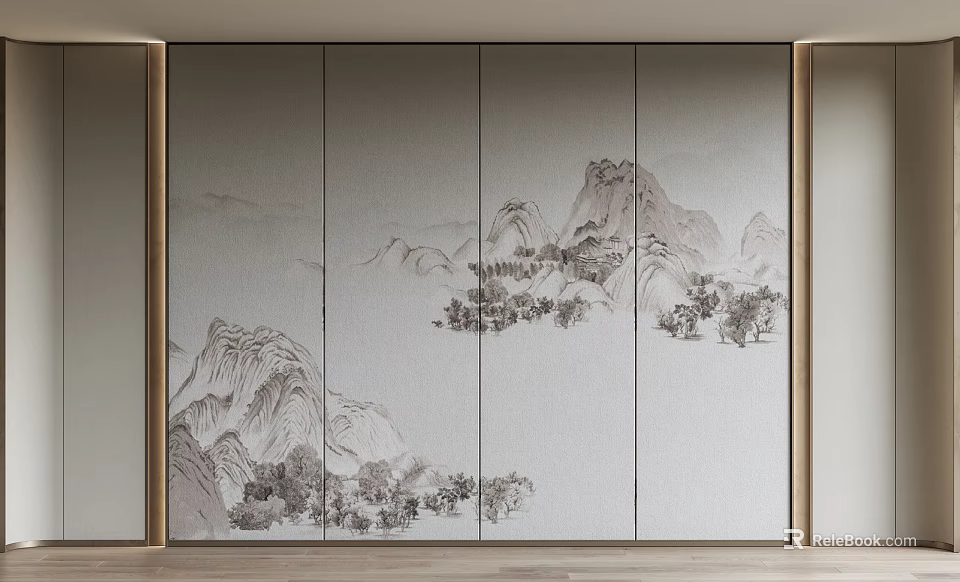 Multi Panel Bed Background Wall Featuring Chinese Ink Landscape Art 3d model 
