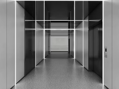 Sleek Modern Elevator Hallway Interior With Glass Walls Strip Lighting And Gray Floor 3d model