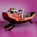 Red Ship Model With Small House Chimney Barrels On Pink Background