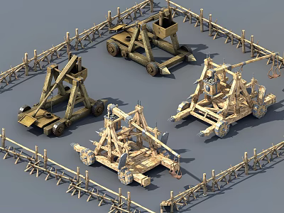 Ancient Wooden Siege Weapons with Multiple Mechanical Structures Enclosed by Fences 3d model