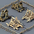 Ancient Wooden Siege Weapons with Multiple Mechanical Structures Enclosed by Fences