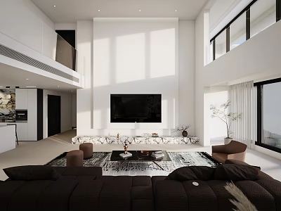 Modern Loft Living Room Interior With Spacious Layout And Large Windows 3d model