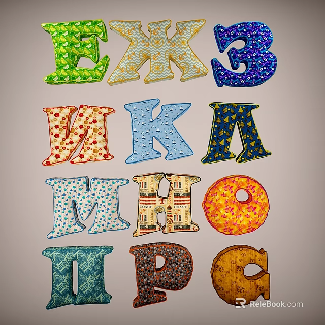 Colorful Letter Shaped Decorative Pillows with Vibrant Patterns for Home Decor 3d model 